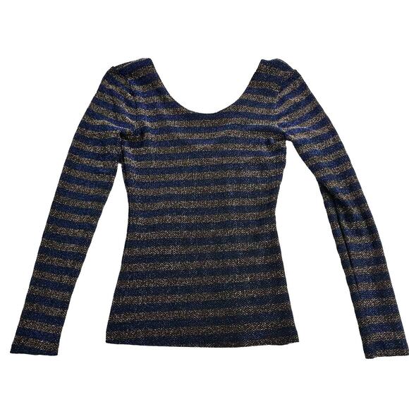 Sparkle & Fade Tops - Sparkle & Fade Women’s Blue Gold Glitter Striped Long Sleeve Top Stretch Small